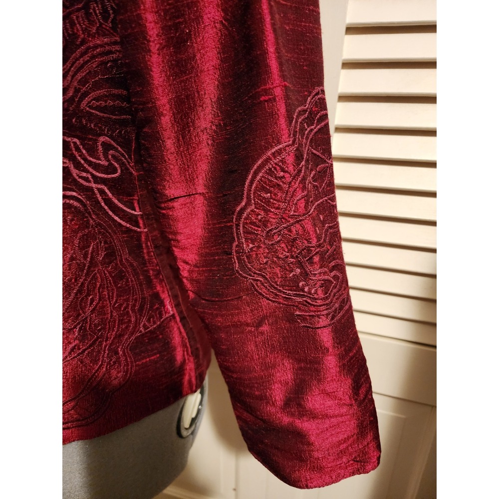 Anu 100% Pure Silk Embossed Jacket Burgundy Blazer Women's Size L - Picture 5 of 10